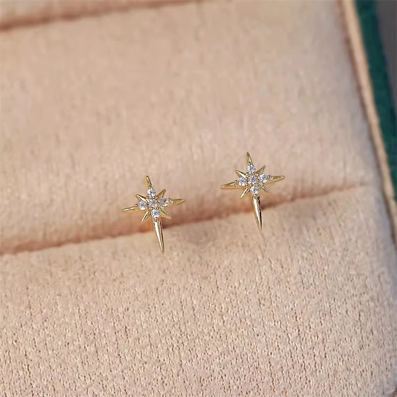 1Pair Simplicity Zircon Eight-Pointed Star Stud Earrings for Women Exquisite Versatile Small Earring Jewelry Accessories Gifts